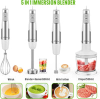 Hand Blender, 5 in 1 Multi-Purpose Immersion Blender set, 1100 watts 12 Adjustable Speed Stick Blender, 600ml Beaker, 500ml Food Processor Container, Egg Whisk, Milk Frother, White EasyOptionXY LLC