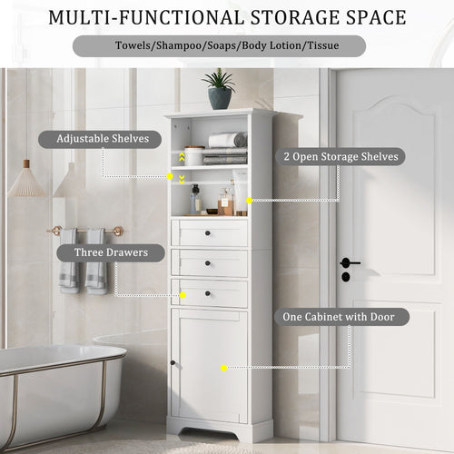White Tall Storage Cabinet with 3 Drawers and Adjustable Shelves for Bathroom, Kitchen and Living Room, MDF Board with Painted Finish EasyOptionXY LLC