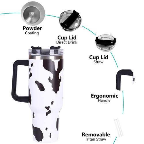 40oz 5D cowprint Insulated Tumbler With Handle And Straw Lid Portable Large Capacity water bottle, Heat preservation,304 Stainless Steel Cup For Outdoor Sports, Travel & Camping Birthday Gift EasyOptionXY LLC