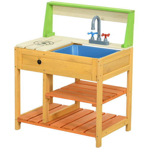 Outsunny Mud Kitchen Outdoor Kitchen Playset for Kids Wooden with Realistic Play Kitchen Toys, Faucet and Sink, Storage Shelves, Gift for Girls and Boys Aged 3-8 Years Old