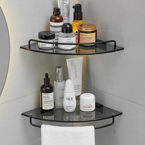Glass Corner Shelf for Bathroom Corner Shower Shelf Black Tempered Glass Shelf with Rail Bathroom Corner Organizer Bathroom Shelves Wall Mounted EasyOptionXY LLC