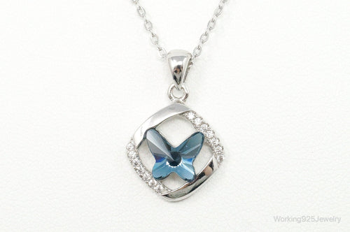 Blue Crystal Cubic Zirconia Butterfly Sterling Silver Necklace