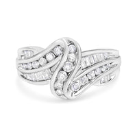 10K White Gold Ring 3/4 Cttw Round and Baguette-Cut Diamond Bypass Ring (H-I Color, I2-I3 Clarity) - Size 6