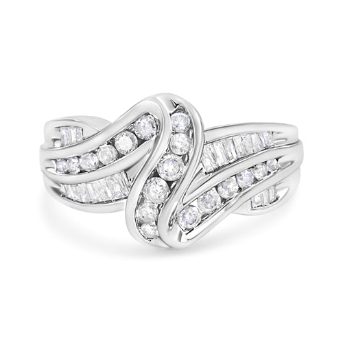 10K White Gold Ring 3/4 Cttw Round and Baguette-Cut Diamond Bypass Ring (H-I Color, I2-I3 Clarity) - Size 6
