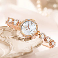 Women's Gold Pearl Bracelet Watch Quartz Date Elegant