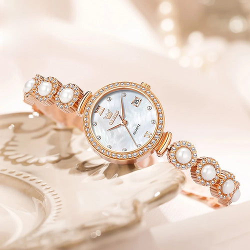 Women's Gold Pearl Bracelet Watch Quartz Date Elegant