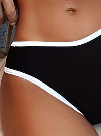 Bikini Scoop Neck Contrast Trim 2 Piece Swimsuit for Women – High Stretch Casual Bikini Set with Scallop Edge Detail and Matching Swim Briefs – Stylish Solid Color Swimwear for Beach Days Pool Lounging and Summer Vacations
