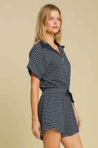 Umgee Full Size Half Zip Striped Romper Plus Size
