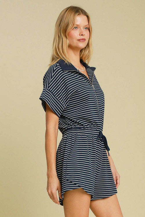 Umgee Full Size Half Zip Striped Romper Plus Size