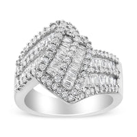 14K White Gold 1-1/2 Cttw Round and Baguette Diamond Bypass Cocktail Ring Band (H-I Color, SI1-SI2 Clarity) - Size 7
