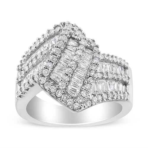 14K White Gold 1-1/2 Cttw Round and Baguette Diamond Bypass Cocktail Ring Band (H-I Color, SI1-SI2 Clarity) - Size 7