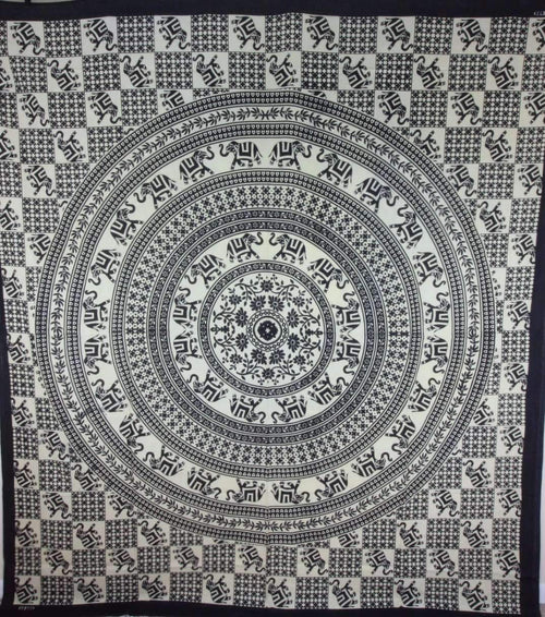 Elephant Mandala Checkerboard Wall Tapestry Black White