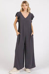 Mittoshop V-Neck Ruffled Jumpsuit with Cap Sleeves and Wide Leg Design