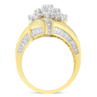 10K Yellow Gold Round and Baguette Diamond Crossover Cluster Ring (3 Cttw, I-J Color, I1-I2 Clarity) - Size 7-1/2