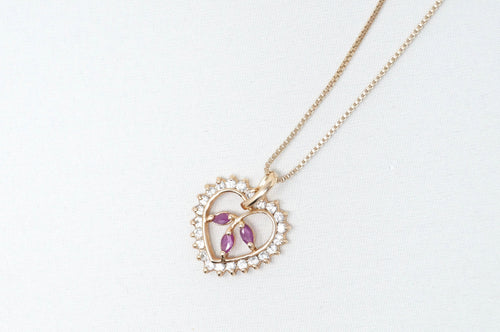 Vtg Ruby Simulated Heart Accented Rose Gold Vermeil Sterling Silver Necklace 18"