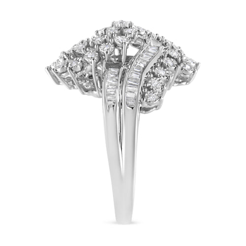10K White Gold 1/2 Cttw Round and Baguette-Cut "S" Shaped Bypass Cocktail Ring (I-J Color, I1-I2 Clarity) - Size 7