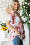Heimish Floral V-Neck Babydoll Blouse - Full Size Short Sleeve Top