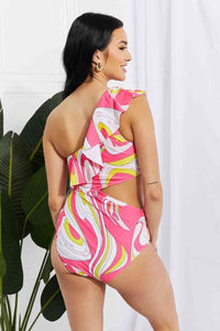 Marina West Pink Cutout Ruffle Swimsuit with Asymmetric Cutout Design