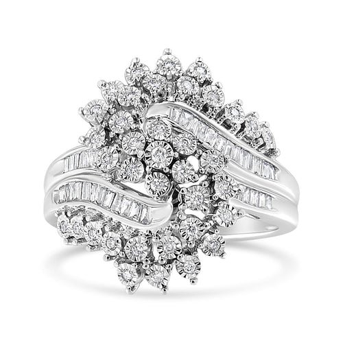 10K White Gold 1/2 Cttw Round and Baguette-Cut "S" Shaped Bypass Cocktail Ring (I-J Color, I1-I2 Clarity) - Size 7