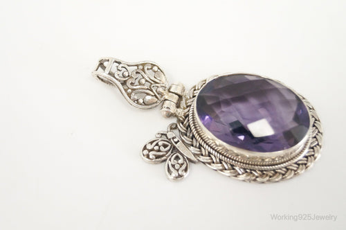 Large Amethyst Butterfly Bali Sterling Silver Necklace Pendant