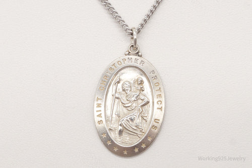 Antique Saint Christopher Protect Us Sterling Silver Pendant on Silver Necklace