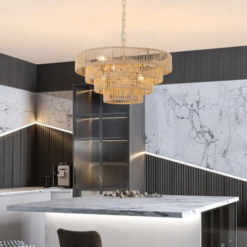 Farmhouse Rattan Pendant Chandelier Lighting with 4-Layer Woven Design