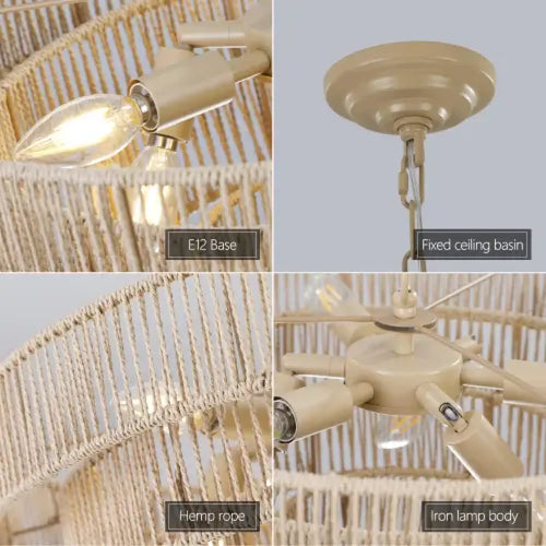Farmhouse Rattan Pendant Chandelier Lighting with 4-Layer Woven Design