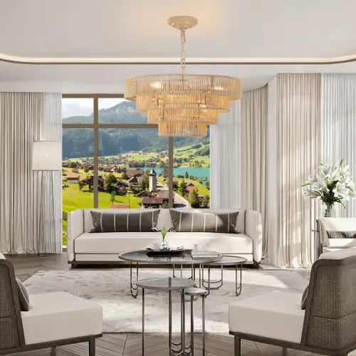 Farmhouse Rattan Pendant Chandelier Lighting with 4-Layer Woven Design