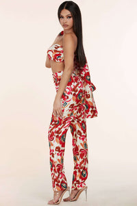 Fasheabe 3pc Flower Print Bandeau Top Pants Set