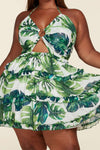 Fasheabe Leaf Print O-ring Mini Dress - Plus Size