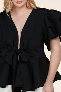 Fasheabe Plus Size Black Ruffle Plunging V-Neck Fit and Flare Top