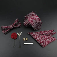 Fashion Red Business Necktie Matching Bowtie Flower Vintage Design Set For Men Self-Tie Bow Tie And Pocket Square Classic Business Tuxedo Wedding Bowties Handkerchief Set Men Necktie And Pocket Square Set