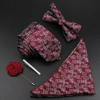 Fashion Red Business Necktie Matching Bowtie Flower Vintage Design Set For Men Self-Tie Bow Tie And Pocket Square Classic Business Tuxedo Wedding Bowties Handkerchief Set Men Necktie And Pocket Square Set