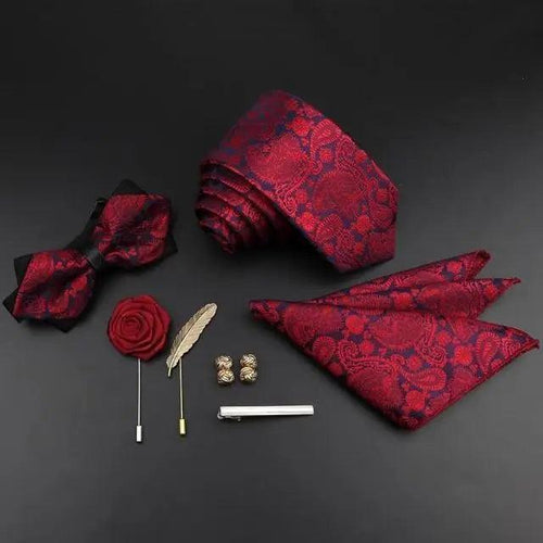 Fashion Red Business Necktie Matching Bowtie Flower Vintage Design Set For Men Self-Tie Bow Tie And Pocket Square Classic Business Tuxedo Wedding Bowties Handkerchief Set Men Necktie And Pocket Square Set