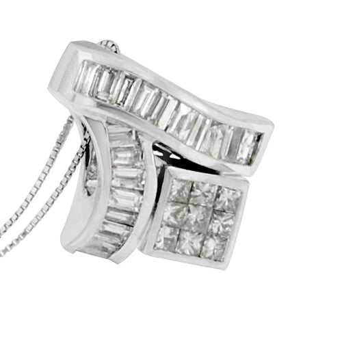 14K White Gold 1 7/8 cttw Princess and Baguette Cut Mixed Geometry Diamond Pendant Necklace (G-H, SI1-SI2)