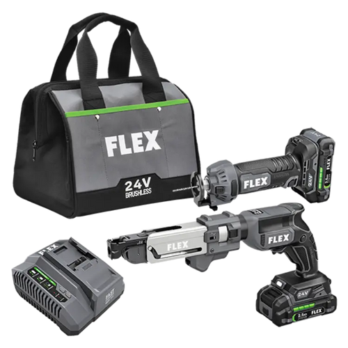 FLEX FXM203-2A Drywall Screw Gun With Magazine Attachment And Cut Out Tool Kit include (2) 2.5Ah Lithium-Ion Batteries, 160W Rapid Charger