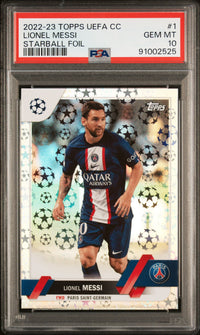 Graded 2022 Topps UEFA CC Lionel Messi #1 Starball Foil Soccer Card PSA 10 Gem Mint