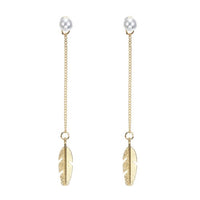 Gold Feather Drop Pearl Earrings
