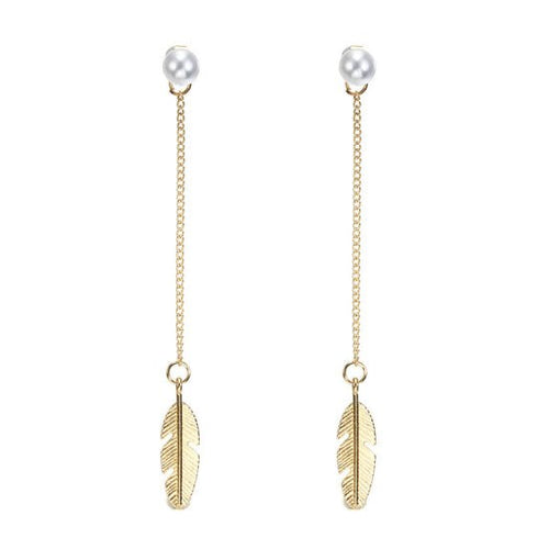 Gold Feather Drop Pearl Earrings