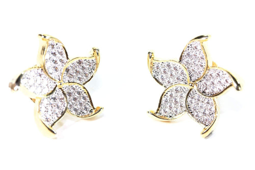 Gold Plated Flower Stud Earrings Cubic Zirconia Pave