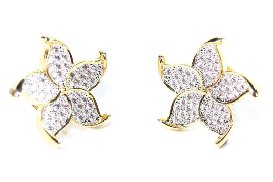 Gold Plated Flower Stud Earrings Cubic Zirconia Pave