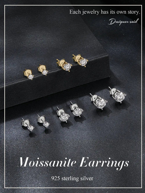 Gold Plated Moissanite Stud Earrings 925 Sterling Silver Engagement Bridal Gift