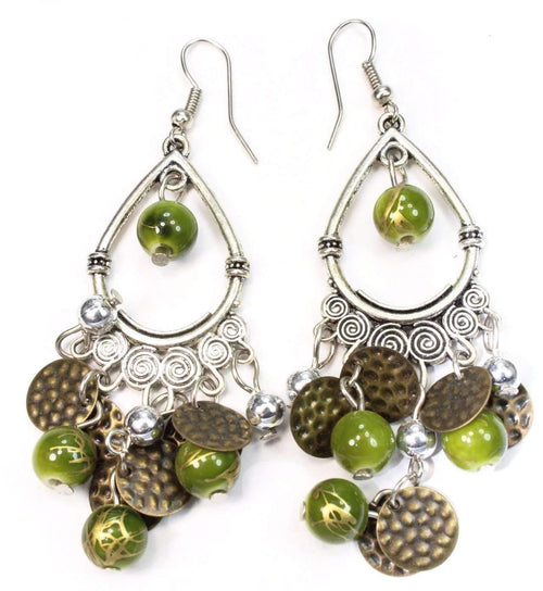 Green Beaded Chandelier Earrings Boho Dangle Statement