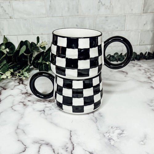 Black And White Checkered Ceramic Mug 13.5oz Hand-Painted Retro Dishwasher Safe