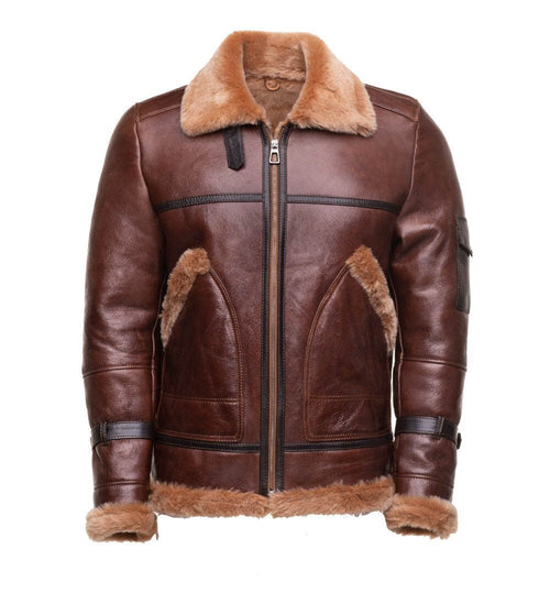 Handmade Esa Brown Bomber Sheepskin Faux Shearling Jacket With Large Pockets