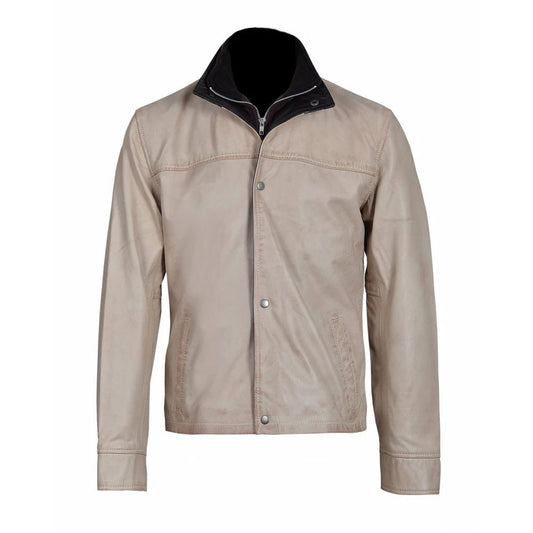 Handmade Barnes Bone White Hand Waxed Double Collar Leather Jacket