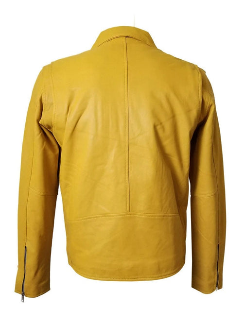 Handmade  Olson's Yellow Biker Style Leather Jacket With Waist Belt