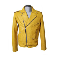Handmade  Olson's Yellow Biker Style Leather Jacket With Waist Belt