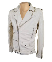 Handmade Holman's Cream Color Biker Leather Jacket With Waist Belt