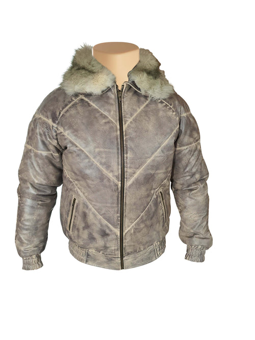 Handmade Casper's V-Bomber Style Puffer Winter Leather Jacket With White Fox Fur Collar